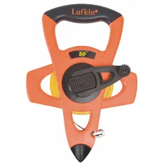 Open-reel tape measure with a 50 ft fiberglass blade, single-sided SAE/Engineers scale graduated in 1/100 ft. Features a nonmagnetic single hook end and a plastic case with grip. Suitable for measuring long distances in construction, surveying, and engineering layout work.