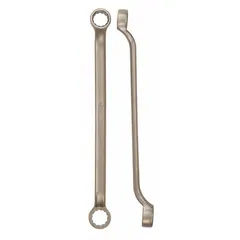This double-end, 12-point SAE box end wrench is designed for use in environments where sparking tools are prohibited. It features a natural finish, offset design, and head sizes of 1 in and 1 1/8 in, with an overall length of 15 in. Suitable for maintenance and assembly tasks in hazardous locations.