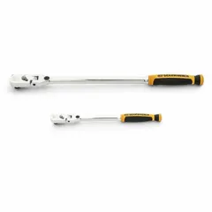 This flex-head ratchet set includes two reversible pear-head ratchets with overall lengths of 9 inches and 15 1/2 inches. The 3° minimum arc swing allows use in confined spaces. Suitable for tightening and loosening fasteners in automotive, industrial, and mechanical applications.