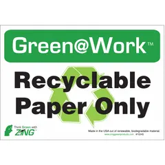 These adhesive-mounted signs are designed for marking recyclable paper disposal areas. Sold in a 5-pack, they feature non-retroreflective plastic construction for clear visibility in indoor environments. Suitable for use on walls or other smooth surfaces to designate paper-only recycling stations.