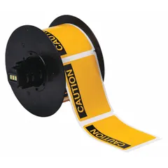 White vinyl precut label roll with CAUTION header, measuring 2 1/4 in x 3 in on a 2 1/4 in roll. Acrylic adhesive. Compatible with BBP30 printer series. Used for on-demand printing of safety warnings in industrial facilities.