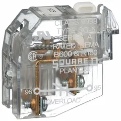 Auxiliary contact module for use with overload relays. Provides additional signal or control circuits for monitoring relay status or interlocking with other devices. Commonly applied in motor control centers and industrial automation systems.