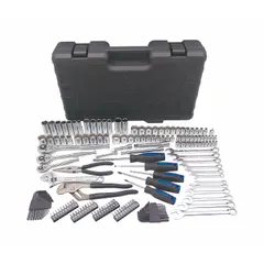 This 170-piece tool set includes long-nose pliers, hex keys, drive tools, and an adjustable wrench. Tools are provided in both Metric and SAE sizes. The set is housed in a tool case for storage and transport. Suitable for general maintenance, assembly, and light mechanical tasks.