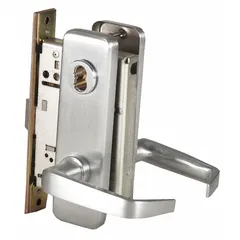 Classroom lever lockset with ANSI F05 function, allowing doors to be locked from the interior while permitting egress at all times. Features a satin chromium-plated stainless steel finish, 40H escutcheon style, and interchangeable core. ADA compliant for accessibility. Suitable for educational and commercial facilities requiring secure, push-button locking.