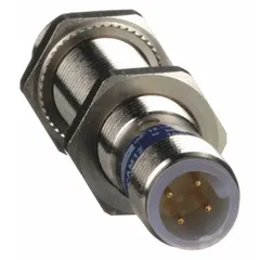 This shielded inductive cylindrical proximity sensor features a built-in connector and 3-wire configuration. It operates on a DC supply voltage of 12-48V DC and is not rated for AC supply. Typical applications include non-contact detection of metallic objects for position sensing, part detection, and machine control in industrial automation systems.