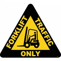 This vinyl triangle floor sign is designed to designate forklift traffic-only zones in industrial facilities. It features an anti-slip surface to reduce slipping in wet or oily areas and adhesive mounting for permanent placement on floors. The sign measures 15 in x 15 in with a thickness of 0.012 in, is not retroreflective, and does not glow in the dark
