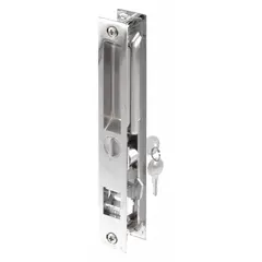 This recessed handle for sliding doors measures 7 1/4 inches in height and 7/8 inches in width. It is designed for flush-mount installation on sliding doors, providing a low-profile locking solution suitable for commercial and industrial applications.
