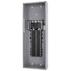 This 200A main breaker load center is designed for indoor use in residential or light-commercial power distribution. It features 40 spaces, supports up to 20 tandem breakers, and includes a plug-on neutral for simplified wiring. The enclosure cover is ordered separately.