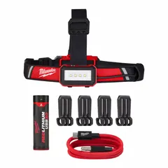Rechargeable headlamp delivering up to 600 lumens maximum brightness and 27 hours maximum run time. Powered by one included C battery and recharges via USB cord. Suitable for hands-free illumination in maintenance, construction, and inspection tasks.