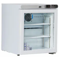 This cabinet maintains a temperature range of 20°C to 25°C, suitable for storing temperature-sensitive materials in laboratory environments. It operates on 115 V and includes two adjustable shelves. The cabinet has a right hinge door and overall dimensions of 17 1/4 in width by 19 1/4 in depth.