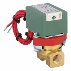 This REDHAT solenoid valve is a 2-way/2-position, normally closed type with a 1/4 in pipe size. It operates on 110V AC voltage and features a watertight coil enclosure. Typical applications include on/off control of compatible fluids in industrial automation, irrigation, and process control systems where moisture protection is required.