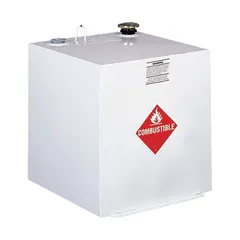 Square steel transfer tank with 14 ga thickness and powder-coated finish. 50 gal capacity for diesel fuel storage and transport. Suitable for on-site fuel supply in industrial, construction, and agricultural settings.