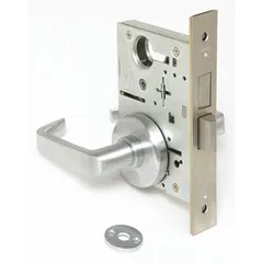 Privacy lever lockset for interior doors requiring locking from inside, such as restrooms or offices. Features satin chromium-plated stainless steel finish, ANSI F19 function, 40H rose style, and interchangeable core. ADA compliant; no visual indicator; not ligature-resistant.