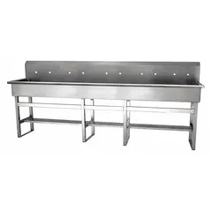 This five-station freestanding wash station is constructed from 16-gauge material and measures 97 inches in bowl length with an 8-inch bowl depth. It features 10 faucet holes and does not include a side splash or faucets. Suitable for high-capacity handwashing in industrial environments such as manufacturing facilities and commercial kitchens.