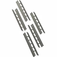 Steel mounting channel for terminal blocks, NEMA standard type. Overall length 4 inches, height 0.22 inches. Used to mount terminal blocks in electrical panels and control cabinets.