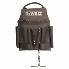 Brown leather tool pouch designed to carry tape rolls. Features eight pockets and an open-top closure for quick access. Attaches to belts up to 2.5 inches wide via a belt slot. Suitable for construction, maintenance, and industrial applications where tape is frequently used.