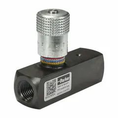 Manual, two-way flow control valve with rotary knob adjustment. Steel construction with #8 SAE O-Ring Boss connections on both ports. Maximum flow rate 15 gpm. Used to regulate fluid flow in hydraulic systems.