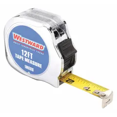 SAE inch tape measure with 1/16 in graduations, 12 ft length, nonmagnetic single hook tip, and manual lock. Chromed plastic case in silver finish. Suitable for general measuring tasks in construction, woodworking, and maintenance.