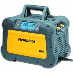 The FIELDPIECE MR45CAN is an A2L-compatible refrigerant recovery machine with a handle for portability. It features a 1 hp DC motor, providing a vapor recovery rate of 0.6 lb/min and a liquid recovery rate of 6.5 lb/min. This unit is used by HVAC technicians for recovering refrigerants from commercial and residential systems during field service and maintenance.