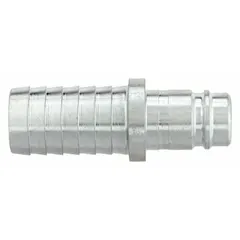 Steel quick-connect air coupling plug for pneumatic systems. Features a 3/4 in male hose barb fitting. Designed for industrial interchange applications requiring secure, quick-disconnect connections in compressed air lines.