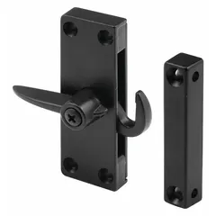 This latch and keeper set is designed for screen door applications. It measures 2 3/4 inches in height, 1 inch in length, and 1/2 inch in width. The hardware is finished in black.