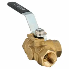 Three-way brass ball valve with T-port configuration for diverting or mixing flow. Features 3/4 in FNPT connections on all three ports, standard port ball port, and lever handle. Suitable for flow routing in plumbing and industrial piping systems.