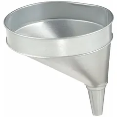 Steel spout funnel with 192 fl oz fluid capacity and 10 1/2 in overall diameter in silver. Includes a removable 50 grit mesh screen filter. Offset spout aids access to tight fill ports in vehicle and equipment fluid transfer tasks.