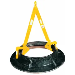 Two-leg lifting device designed for handling concrete manhole sleeves and rings. Working load limit of 1,000 lb. Used in utility, sewer, and drainage construction to safely position heavy precast components.