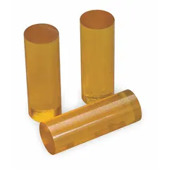 3M 3779 is a general purpose hot melt adhesive supplied as amber smooth sticks, 5/8 in diameter and 2 in length. It bonds plastic, wood, and paper, with a melting temperature of 300°F. This 11 lb pack contains 495 sticks and is FDA compliant under 21 CFR 175.105 for use in packaging and assembly applications.