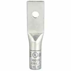 This one-hole compression lug is designed for terminating 4 AWG stranded copper wire to a #10 stud. Constructed from copper, it is suitable for standard-duty applications in electrical panels, switchgear, and motor control centers, providing a secure, low-resistance connection.
