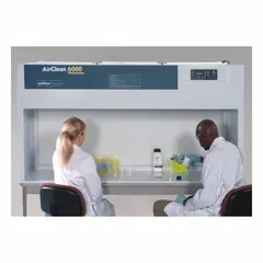 This fully assembled clean bench provides a HEPA-filtered workspace for handling sensitive materials. It includes a base/stand and work surface. Typical applications include laboratory procedures requiring a sterile environment to protect samples from airborne contaminants.