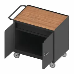 This fully assembled mobile cabinet bench features a 36 in x 24 in hardboard top in gray and a single compartment for storage. With an overall load capacity of 1,200 lb, it provides a sturdy work surface for industrial workshops, garages, and maintenance facilities. A side handle allows easy repositioning around the workspace.