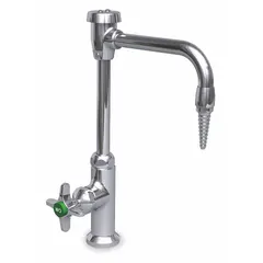 Single-post laboratory faucet with chrome finish. Features one cross handle and a serrated nozzle. Inlet connection is NPT. Suitable for water dispensing in laboratory sinks and workstations.