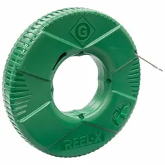 Steel fish tape for pulling wires through conduit, walls, and ceilings. Features a 125 ft flat steel tape with a formed hook end. Housed in a 13 in diameter case with a free-spinning interior reel for smooth payout and rewinding.