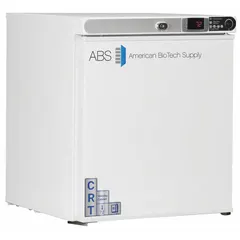 This cabinet maintains a stable 20°C to 25°C environment for temperature-sensitive materials. It operates at 115 V and includes two adjustable shelves. The left hinge door provides access, and overall dimensions are 17 1/4 in width by 19 1/4 in depth.