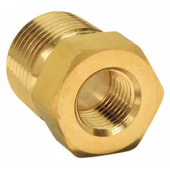 Brass bushing with 1/2 in male NPT threaded x 1/4 in female NPT threaded ends. Rated for maximum operating pressure of 3,900 psi. Used to reduce line size in high-pressure hydraulic or pneumatic systems.