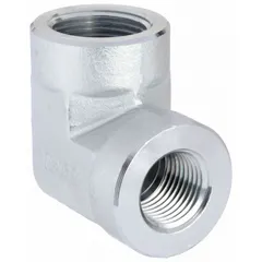 This steel hydraulic hose adapter features a 90° rigid elbow configuration with female NPTF threads on both ends, connecting 3/4 in and 1/2 in lines. It is used in hydraulic and fluid systems to create a compact, leak-resistant turn between two female NPTF ports.