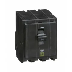 Three-pole miniature circuit breaker rated 25 A at 120/240V AC, with a maximum interrupting rating of 10kA at 120/240V AC. Designed for plug-in installation in QO Load Centers and NQ Panelboards. Provides overcurrent protection for three-phase branch circuits in electrical distribution systems.