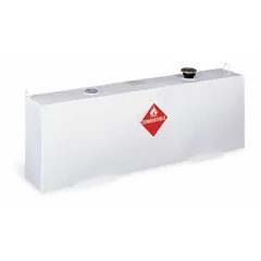 This rectangular steel transfer tank has a 36-gallon capacity and is constructed from 14-gauge material with a powder-coated finish. Designed for diesel fuel storage and transfer, it is suited for refueling equipment in industrial, construction, and agricultural applications.