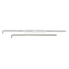 This double-end scriber is made of steel with a knurled body for secure grip. It features a permanent tip on one end and a threaded tip on the other, and is nonmagnetic. Used for marking precise lines on metal surfaces in layout and fabrication work.