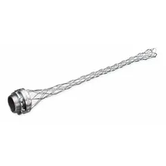 Straight metallic cord grip with mesh strain relief, aluminum body, 1/2 in MNPT box connection. Accepts cord diameters 0.24 to 0.32 in. Galvanized steel external strain relief. Rated for hazardous locations Class III, Division 1 & 2. Used to secure and seal flexible cords in industrial environments with combustible fibers.