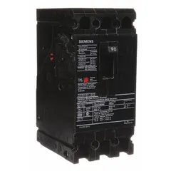Siemens HED4 series ED-frame molded case circuit breaker rated 90 A with a maximum interrupting rating of 42 kA at 480 V AC. Features fixed instantaneous trip, ABC phase connection, and load-side lug terminals. Suitable for overcurrent protection in industrial power distribution panels, motor control centers, and switchboards.