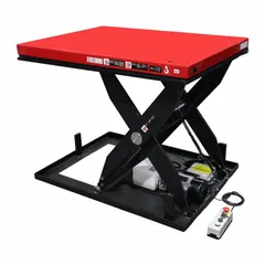 Fixed-top electric lift table with 3000 lb load capacity, 39 in maximum lifting height, and 48 in platform length. Operates on 115V AC power via hydraulic mechanism. Used for ergonomic positioning of heavy loads in warehouses, assembly lines, and maintenance shops.