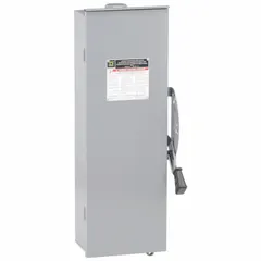Fusible safety switch rated 100 A, single-phase, 240V AC. Housed in a galvanized steel enclosure suitable for indoor and outdoor use. Provides a means to manually disconnect power for maintenance or emergency shutdown in electrical systems.