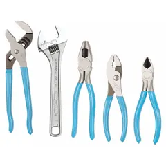 General purpose assorted pliers set containing five pliers with standard cushion-grip handles. Includes a 6-inch slip-joint plier and an adjustable wrench, covering a pliers range of 2 to 5. Suitable for routine maintenance tasks such as gripping, turning, and adjusting in industrial and workshop environments.