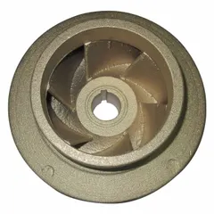This closed-design impeller is made of bronze and is intended for use as a replacement part in straight centrifugal pumps. It is compatible with Dayton pump model 55JJ61A. Typical applications include fluid handling in industrial water or light chemical transfer systems.
