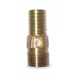 This red brass rigid barbed hose fitting connects hoses to threaded pipes in air, water, and chemical systems. It features a hose barb x NPT connection, male x male gender, and a hex nipple grip for secure installation. Suitable for general industrial fluid handling applications.