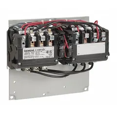 This Siemens reversing NEMA contactor is designed for controlling the forward and reverse rotation of three-phase AC motors. It features 3 poles, NEMA Size 1-3/4, and is rated 40 A at 120V AC. Typical applications include conveyors, hoists, and pumps in industrial motor control systems.