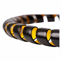 This spiral hose wrap is made from high-density polyethylene and features a spiral closure for securing and protecting hoses, cables, or tubing. It measures 20 ft in length and 1 1/4 in width, with a black/yellow color scheme. Commonly used in industrial settings to organize and shield lines from abrasion and wear.