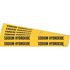 Yellow adhesive pipe markers with black legend reading 'Sodium Hydroxide'. Each pack contains 5 sets of 4 markers, fitting pipe outer diameters from 3/4 to 2-3/8 inches. Markers are supplied without directional arrows. Used to identify pipes carrying sodium hydroxide in industrial settings.